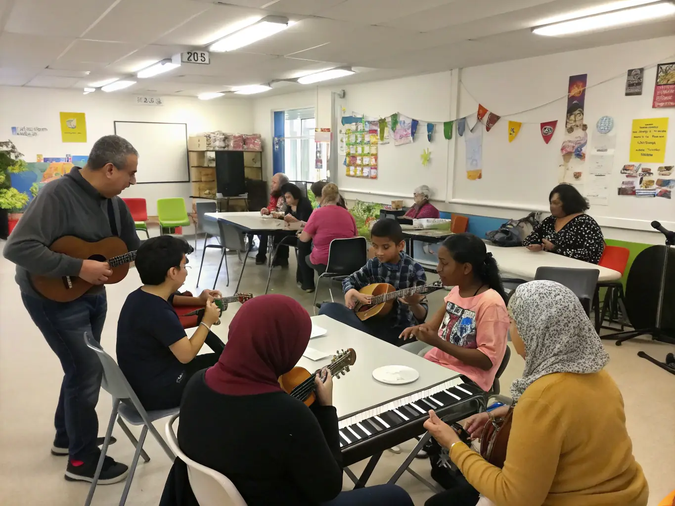 A dynamic image of a community music workshop, featuring participants of all ages playing various instruments and engaging with instructors in a collaborative setting.
