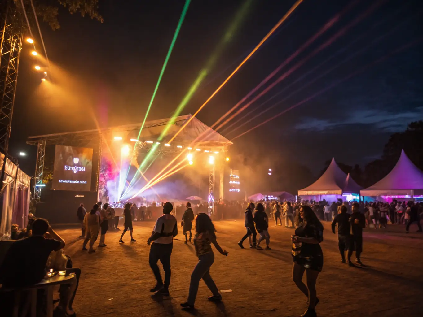 A captivating photo of the Rochefort Cultural Festival, showing a lively stage performance with musicians and dancers, surrounded by an enthusiastic audience.