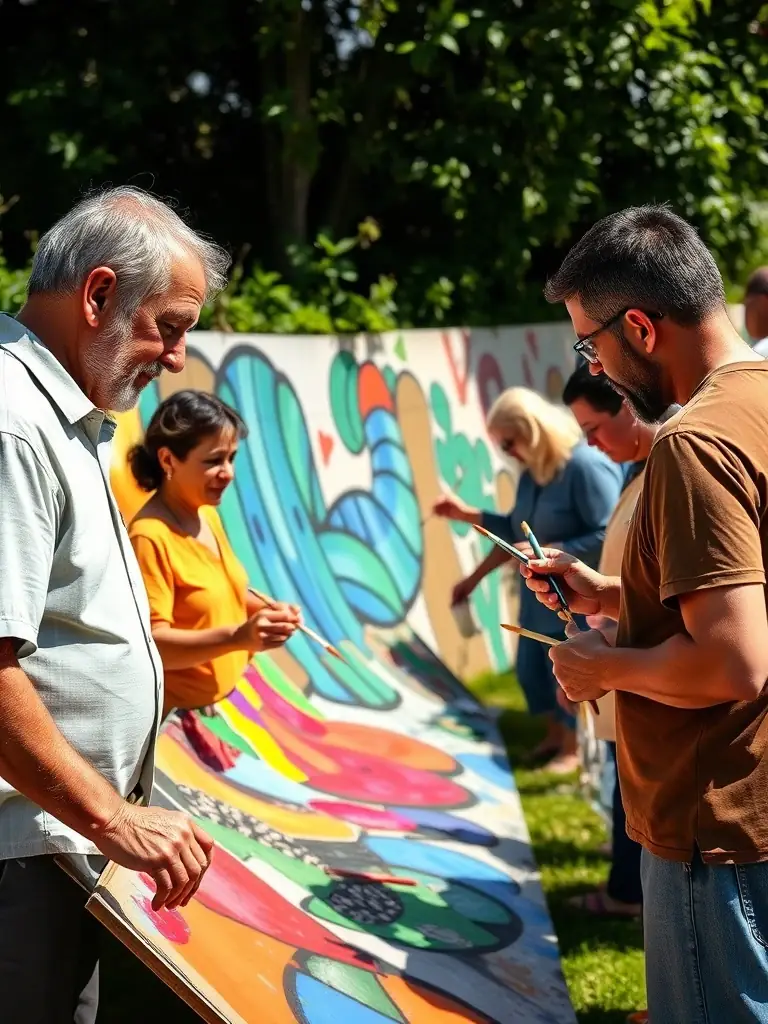 A photograph capturing a diverse group of people participating in a community art project organized by ELIXION, showcasing collaboration and engagement.