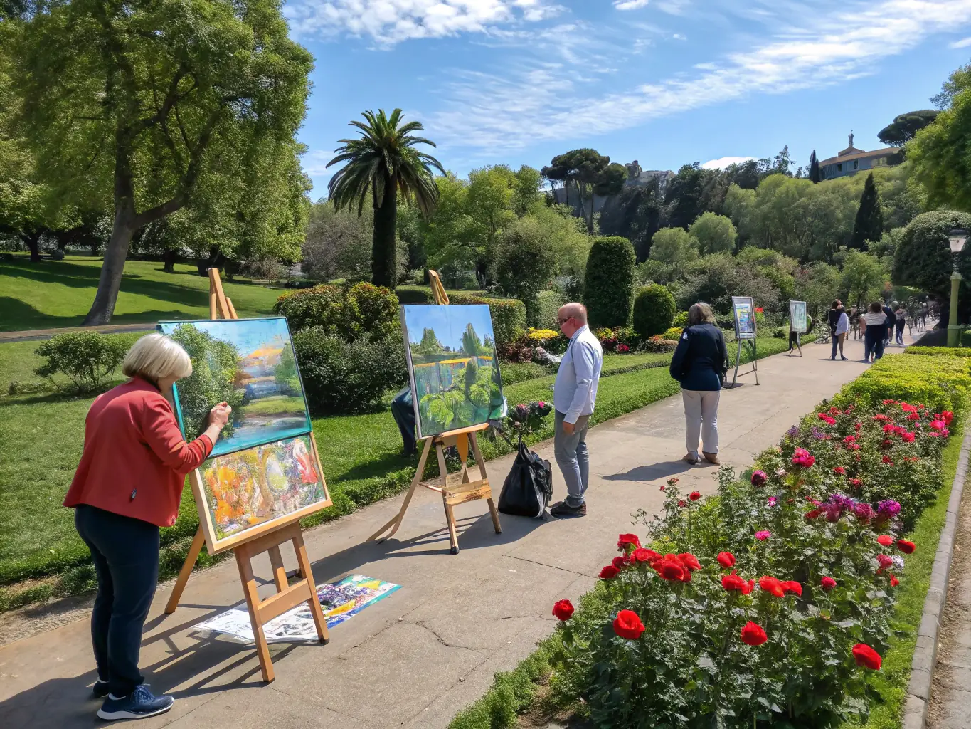 A photograph capturing a vibrant outdoor art exhibition, showcasing contemporary sculptures and paintings with people interacting and appreciating the art in a park setting.